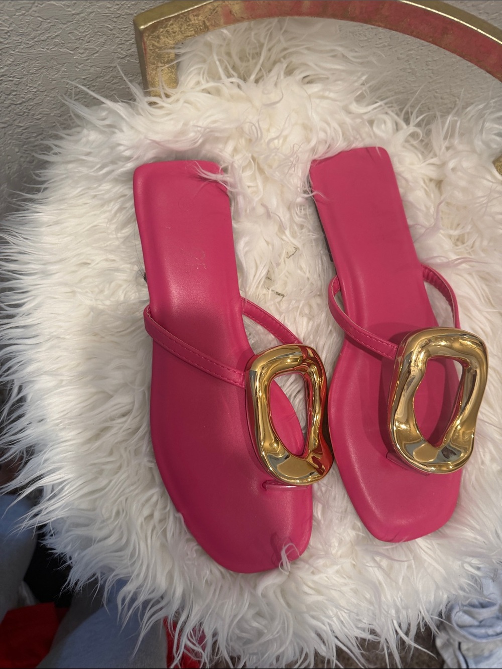 Hot Pink Square-Toe Gold Buckle Slide Sandals | Women’s Size 10